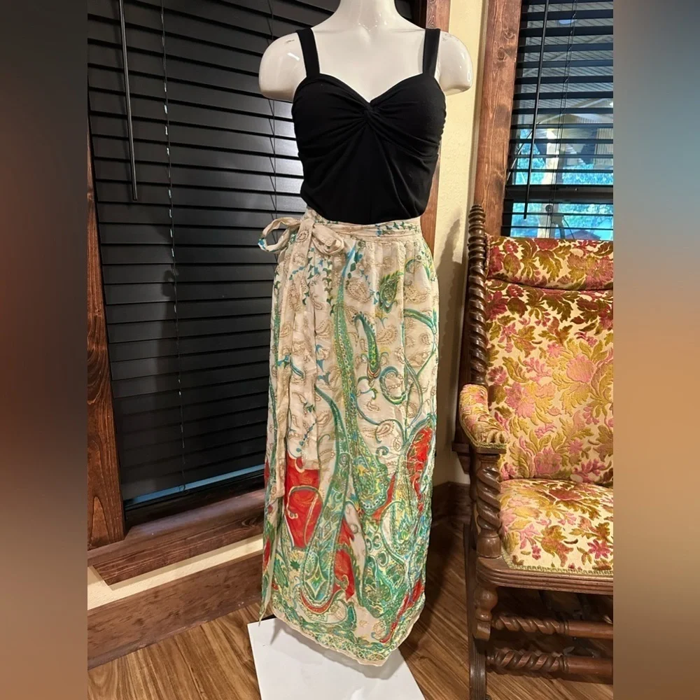 Emily Wetherby Silk Paisley Wrap Maxi Skirt Gold Metallic Boho Glam Luxury